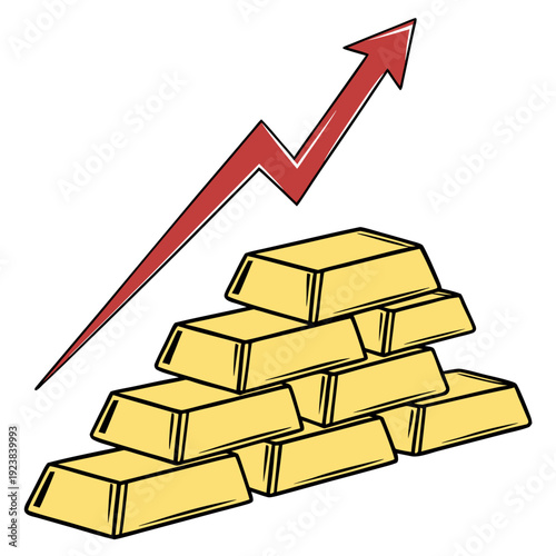 Gold bars with rising red arrow gold bullion stacked gold