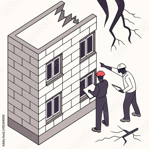 Damaged building with workers inspecting cracks construction