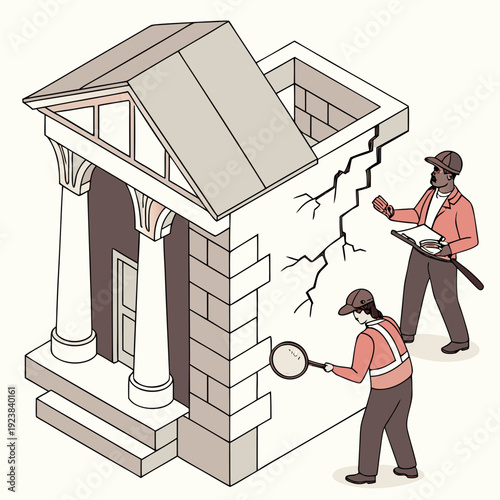 Workers inspecting building damage construction inspection