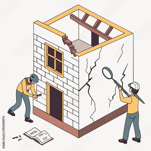 Workers repairing damaged house with cracks and broken walls