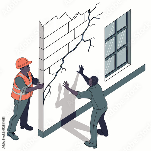 Engineers checking a cracked building wall structure