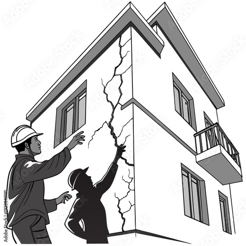 Engineers inspecting cracked house wall