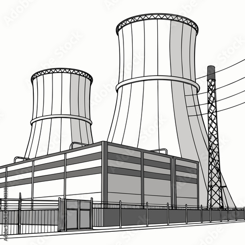 Nuclear power plant with two cooling towers and transmission tower