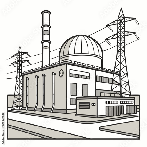 Nuclear power plant with cooling tower and transmission lines 1