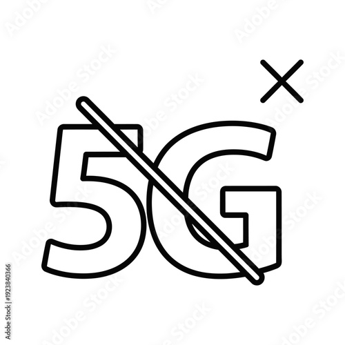 Hand-drawn black 5G logo with a red cross over it, symbolizing restricted or unavailable network connection, isolated on white background.