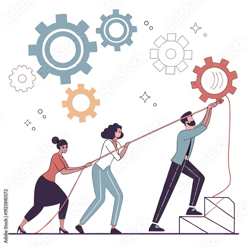 Teamwork collaboration pulling gear business rope