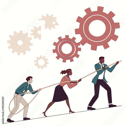 Business team working together pulling rope with gears