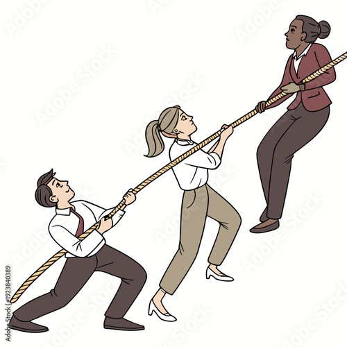 Business team pulling rope lifting woman up teamwork