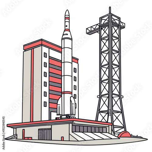 Of rocket on launchpad with tower and building space