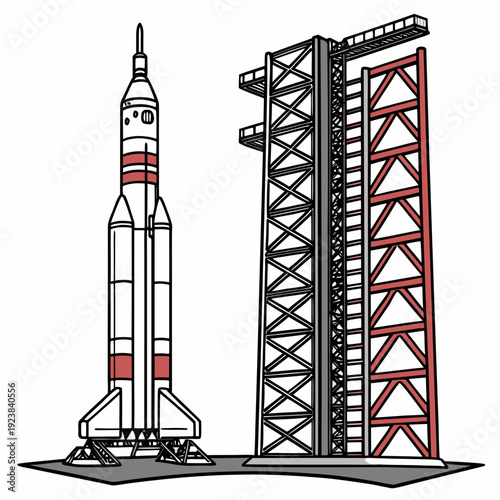 Rocket on launchpad with service tower space white background