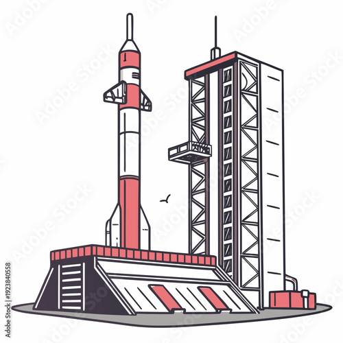 Red and white rocket on launchpad with tower space