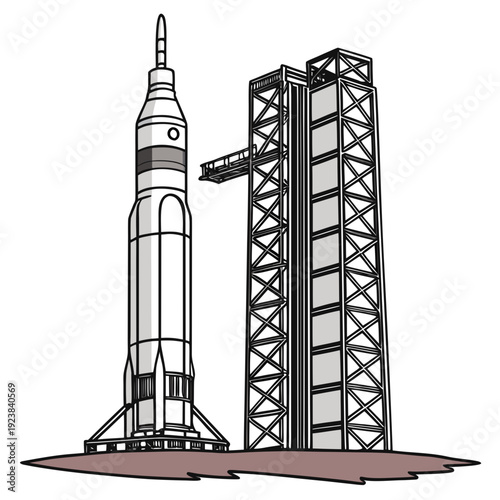 Of rocket on launchpad with service tower space launch vehicle