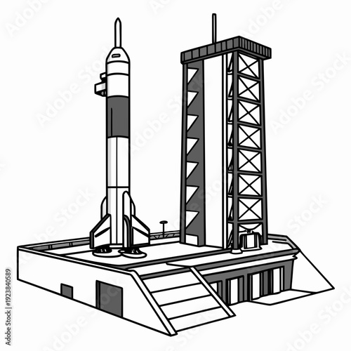 Grayscale of rocket on launchpad with tower black and white