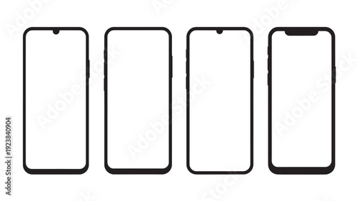 A set of four minimalist vector illustrations of modern smartphones, each with a blank white screen, ideal for app design presentations or tech concepts.