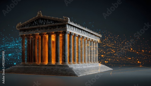Classic temple structure with glowing orange data streams on one side and blue connections on other, representing digital financial systems