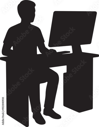 Freelance Professional Sitting at Computer Desk Silhouette Vector Illustration.
