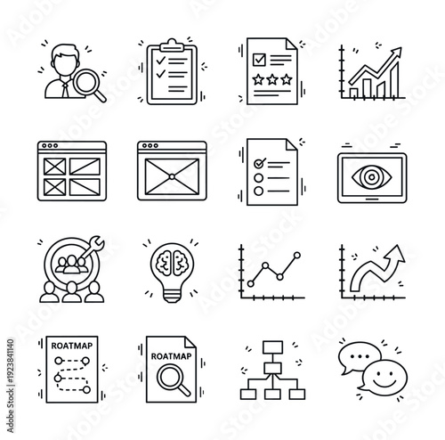 Collection of business and marketing icons representing strategy, planning, and analysis