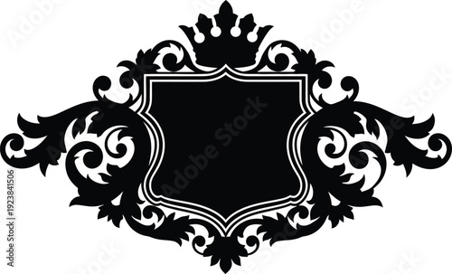Elegant baroque crest frame with royal crown ornate flourishes and decorative border for luxury vintage invitations and wedding design elements.