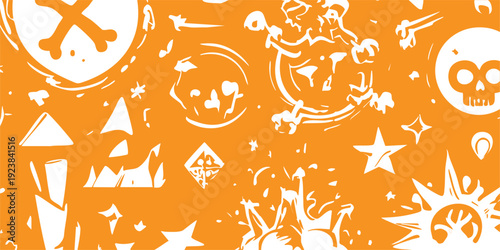 Vibrant orange background with white illustrations of various fantasy and adventure icons