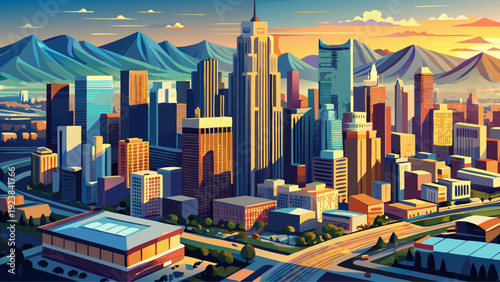 Very beautiful aerial view of Los Angeles skyline showcasing expansive urban layout, clustered skyscrapers, and distant mountains under clear California light, emphasizing scale, growth, and metropoli