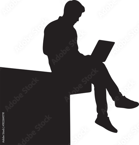 Remote Worker Sitting on Edge with Laptop Freelancer Silhouette Vector Illustration.
