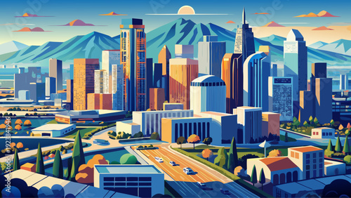 Very beautiful aerial view of Los Angeles skyline showcasing expansive urban layout, clustered skyscrapers, and distant mountains under clear California light, emphasizing scale, growth, and metropoli