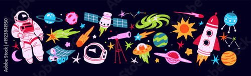 Doodle set of outer space. Items of cosmos: planets, stars, comets, UFO, rockets, spaceships, satellites and spacemen in spacesuit. Elements of universe, galaxy. Flat isolated vector illustrations.