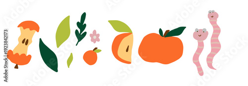 Hand drawn apple elements set with slices, leaves, flowers, and worms in a playful flat style. Vector illustration suitable for packaging, kitchen decor, food branding, and surface design.