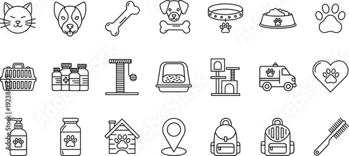 Pet care line icons set with dog cat accessories grooming veterinary vector illustration collection