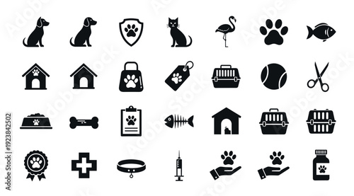 Pet care black silhouette icons set with dog cat clinic grooming symbols vector illustration
