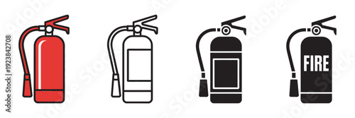 Fire Extinguisher Icon Set, Firefighter Illustration Vector, Safety Help Symbols, Emergency Protection Sign Collection, Flat Design