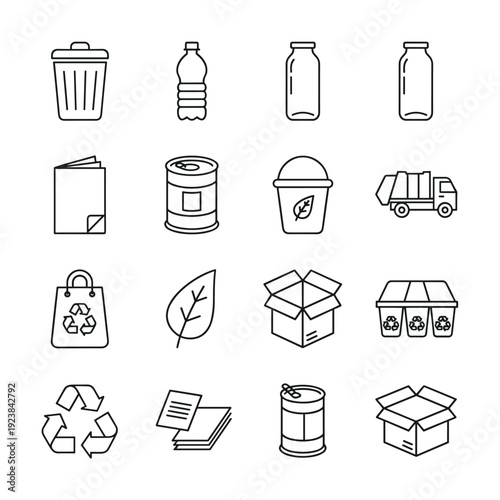 Collection of recycling and waste management icons for environmental awareness