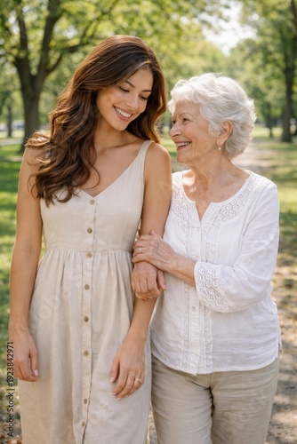 Senior woman walking with granddaughter in park during autumn senior, granddaughter, grandmother, walking, caregiver, woman, old