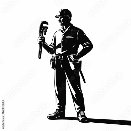 Black and white silhouette of a plumber holding a wrench