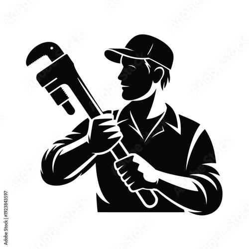 Bold silhouette of a plumber holding a wrench and pipe