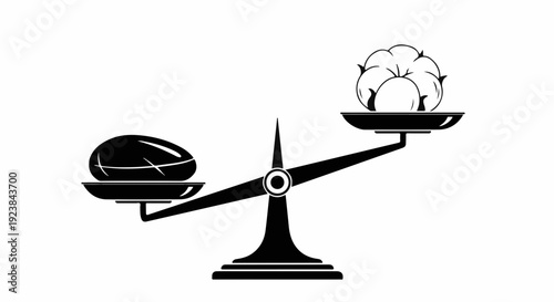 A scale balances a heavy stone against a light cotton ball, representing contrasting weights or values.