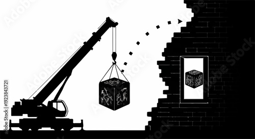 Crane lifting a cube through a brick wall opening, symbolizing construction and progress.