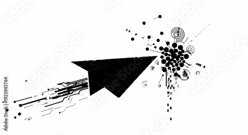 Black paper airplane launches forward, leaving a trail of digital data and expanding circles.