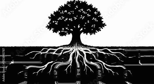 Majestic tree with intricate roots reaching deep into the earth, symbolizing growth and connection.
