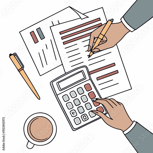 Hands using calculator and pencil with documents and coffee