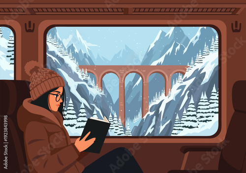 Winter Train Journey with Snowy Mountains and Cozy Reader