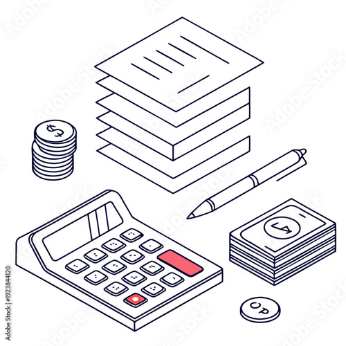 Of personal finance including calculator coins bills and paperwork