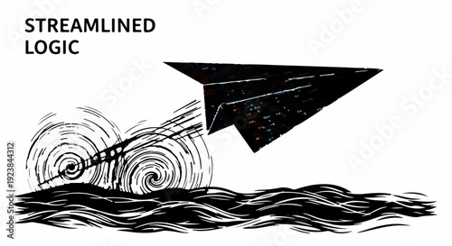 Black paper airplane soaring through turbulent waves and swirling air