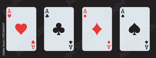 Four Aces Playing Card Icon Set, Hearts Clubs Diamonds Spades, Suit Deck Isolated, Casino Gambling Poker Concept, Flat Vector Illustration