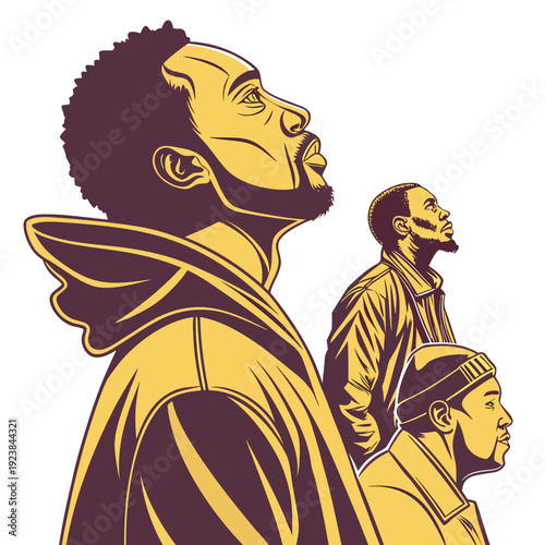 Golden of three men in a row brown people portraits