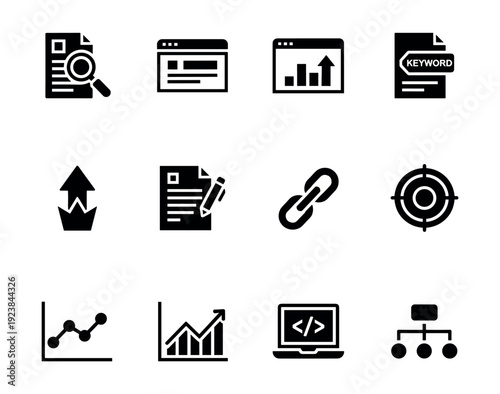 Collection of SEO and digital marketing icons for website optimization and strategy