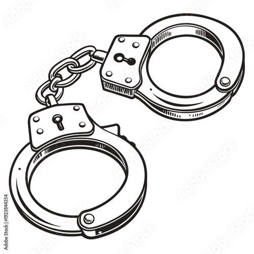 Handcuffs with chain link on white background metal cuffs
