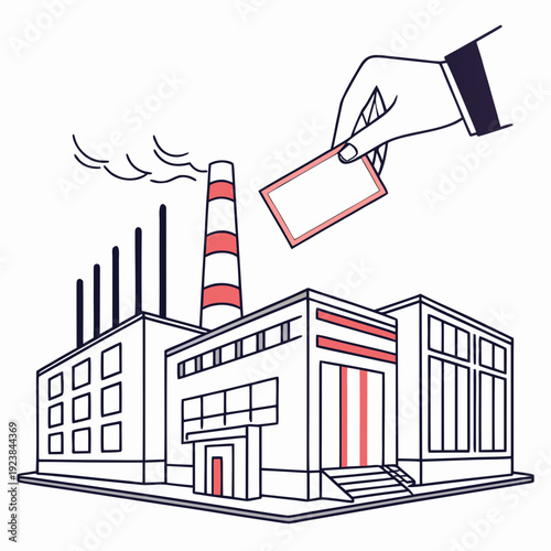 Factory building with smokestack and hand holding label
