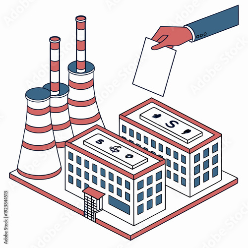 Industrial building with smokestacks and hand holding money