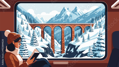 Vector Illustration of Person Reading Book on Train with Snowy Mountains and Red Brick Bridge in Winter